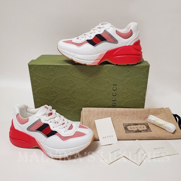 GUCCI SNEAKERS RHYTON WHITE PINK WEB DETAIL MESH SHOES sz 37 G 7 US - Picture 2 of 16